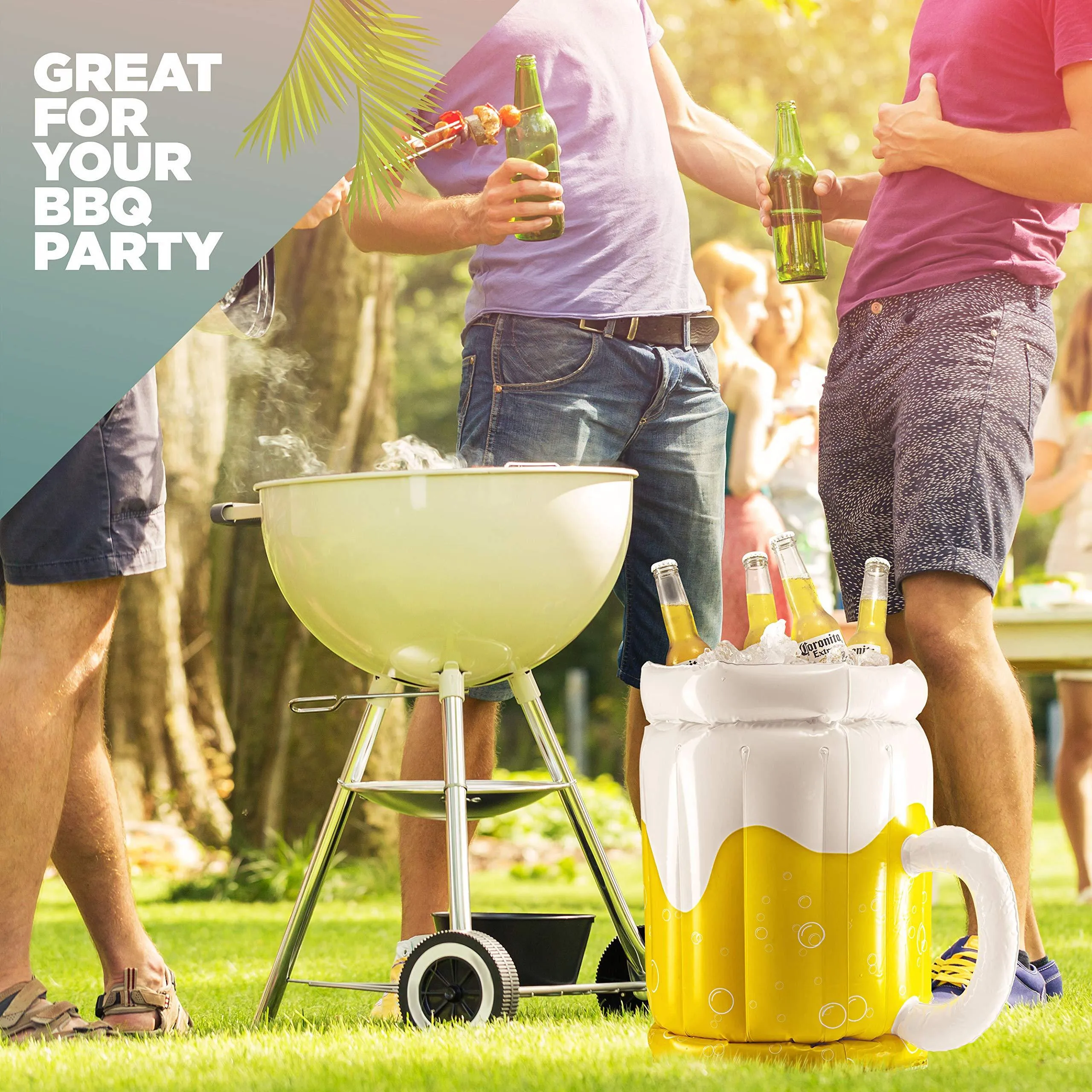Yellow inflatable beer mug cooler floating in pool with drinks, showing 44cm height