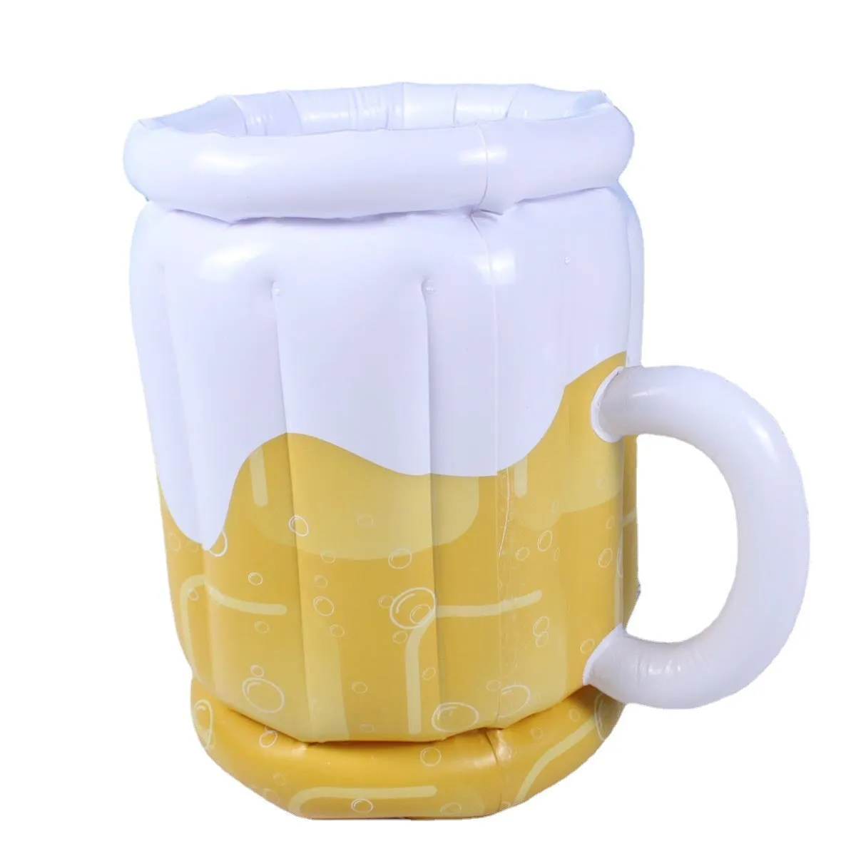 Yellow inflatable beer mug cooler floating in pool with drinks, showing 44cm height