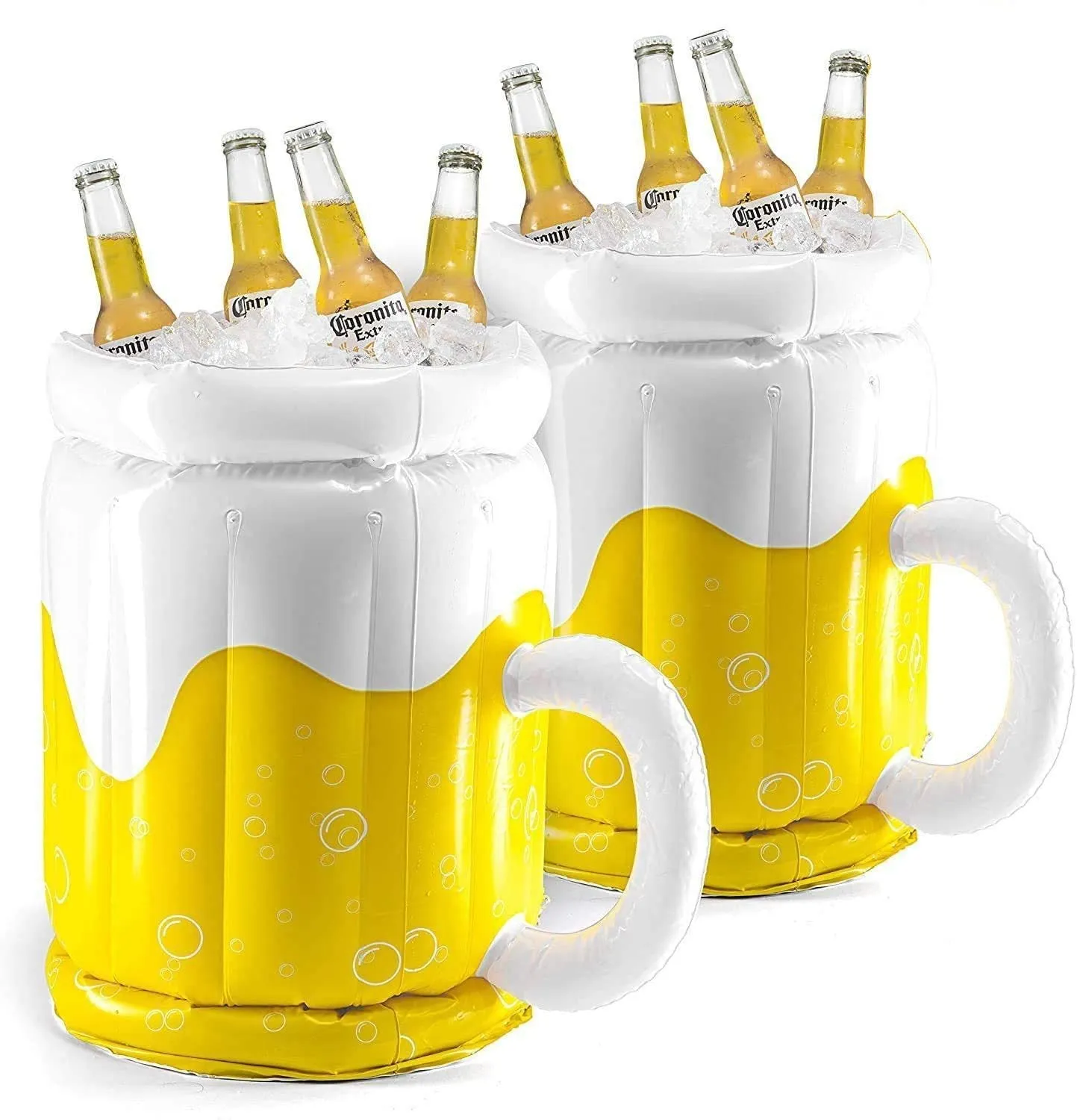 Yellow inflatable beer mug cooler floating in pool with drinks, showing 44cm height