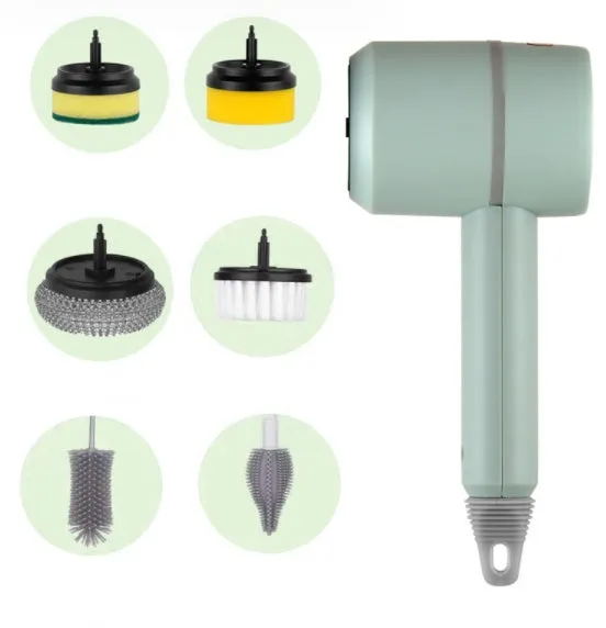 USB rechargeable electric cleaning brush with scouring pad, brush, and sponge heads in white.