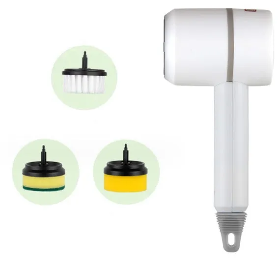 USB rechargeable electric cleaning brush with scouring pad, brush, and sponge heads in white.