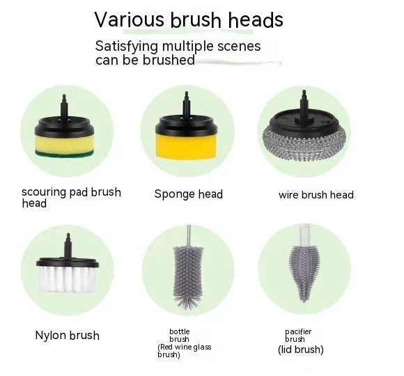 USB rechargeable electric cleaning brush with scouring pad, brush, and sponge heads in white.
