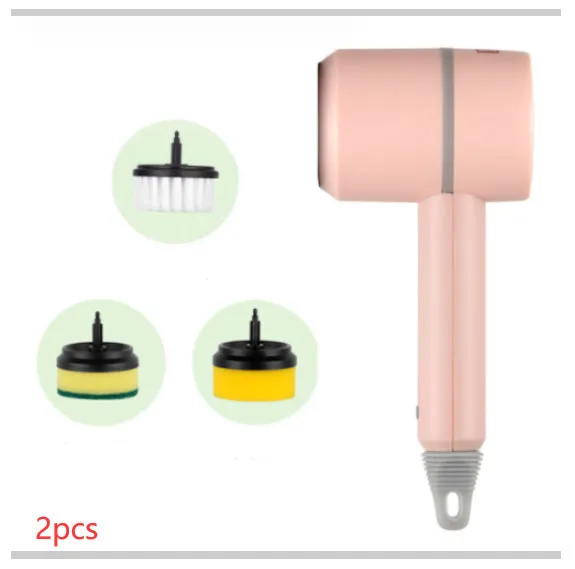 USB rechargeable electric cleaning brush with scouring pad, brush, and sponge heads in white.
