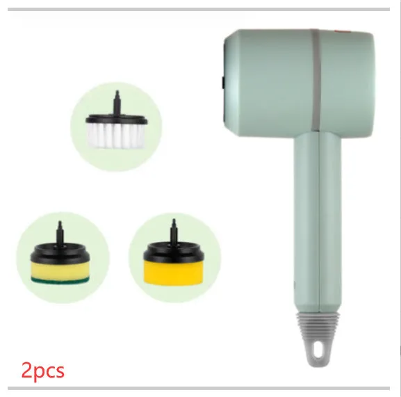 USB rechargeable electric cleaning brush with scouring pad, brush, and sponge heads in white.