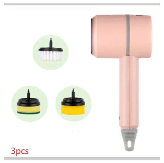 USB rechargeable electric cleaning brush with scouring pad, brush, and sponge heads in white.