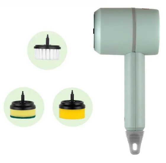 USB rechargeable electric cleaning brush with scouring pad, brush, and sponge heads in white.
