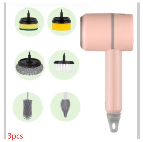 USB rechargeable electric cleaning brush with scouring pad, brush, and sponge heads in white.