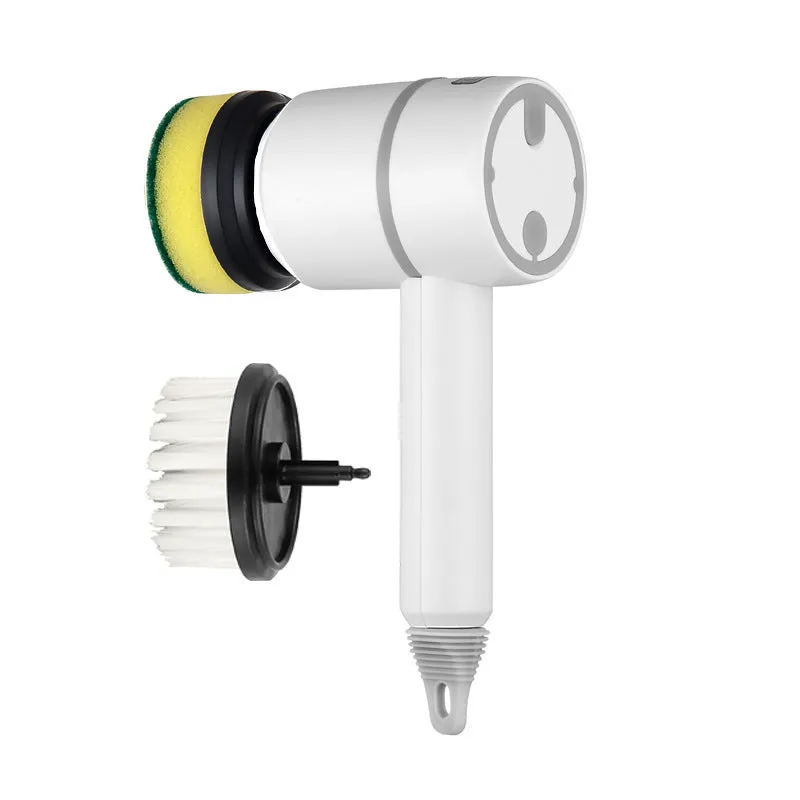 USB rechargeable electric cleaning brush with scouring pad, brush, and sponge heads in white.