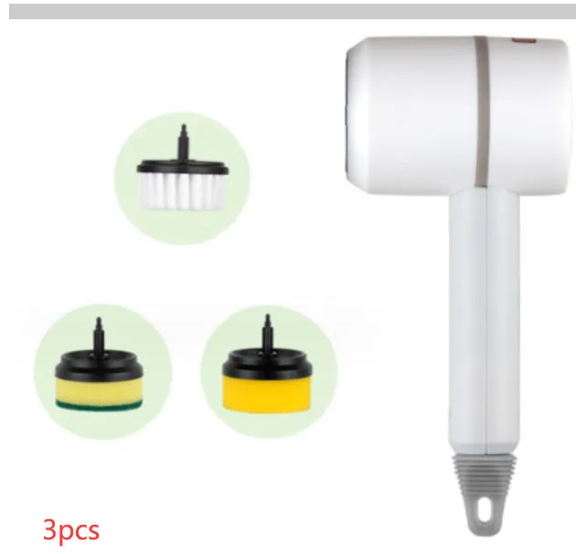 USB rechargeable electric cleaning brush with scouring pad, brush, and sponge heads in white.