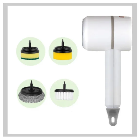 USB rechargeable electric cleaning brush with scouring pad, brush, and sponge heads in white.
