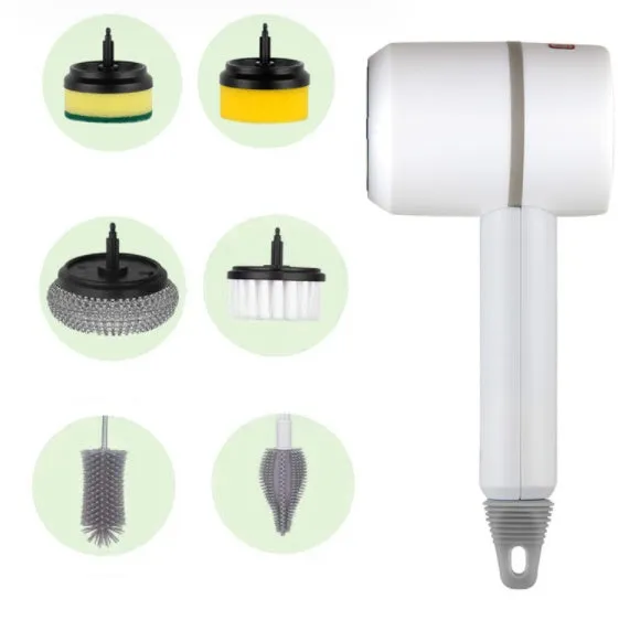 USB rechargeable electric cleaning brush with scouring pad, brush, and sponge heads in white.