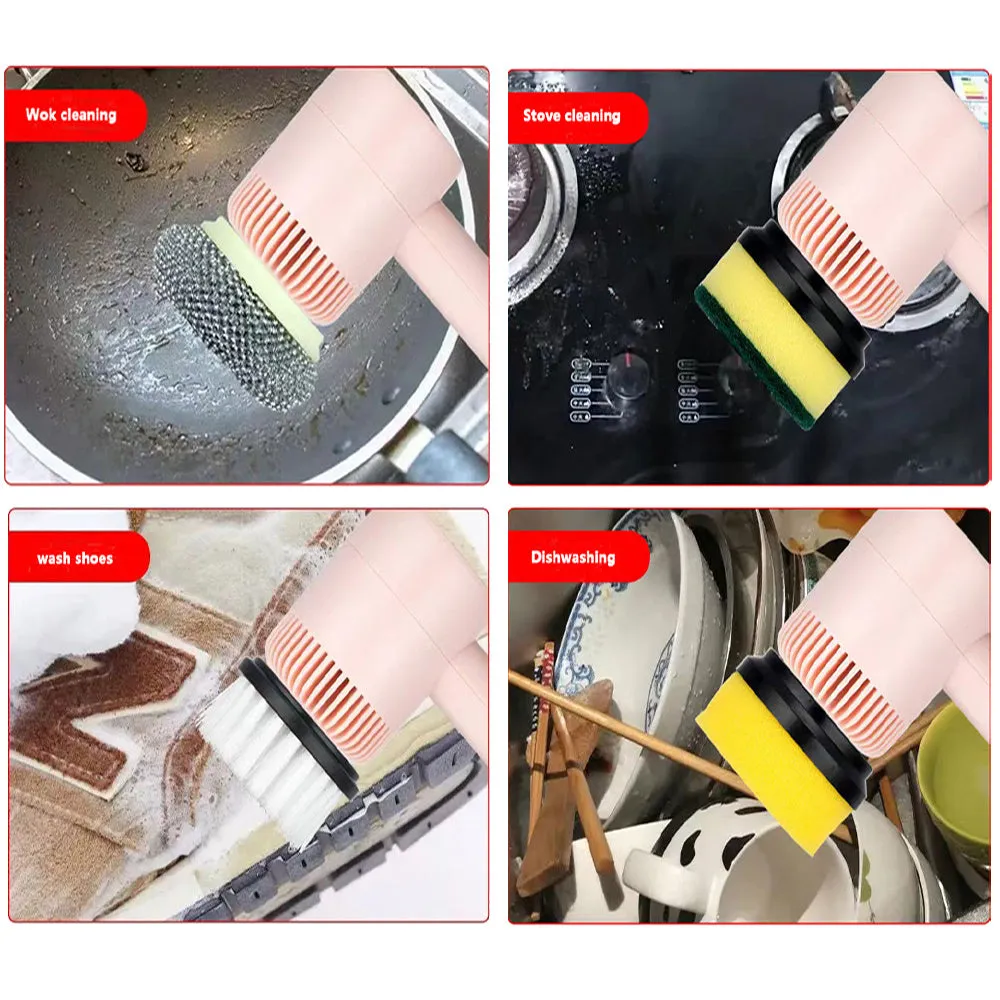 USB rechargeable electric cleaning brush with scouring pad, brush, and sponge heads in white.