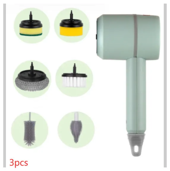 USB rechargeable electric cleaning brush with scouring pad, brush, and sponge heads in white.