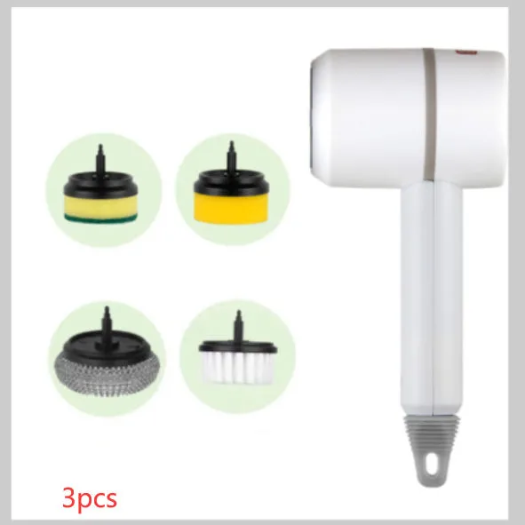 USB rechargeable electric cleaning brush with scouring pad, brush, and sponge heads in white.