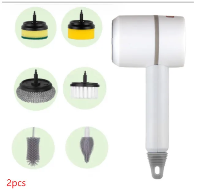 USB rechargeable electric cleaning brush with scouring pad, brush, and sponge heads in white.