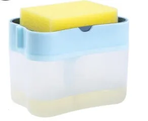 Rectangular grey plastic kitchen soap dispenser with a touch-free pump on a worktop.