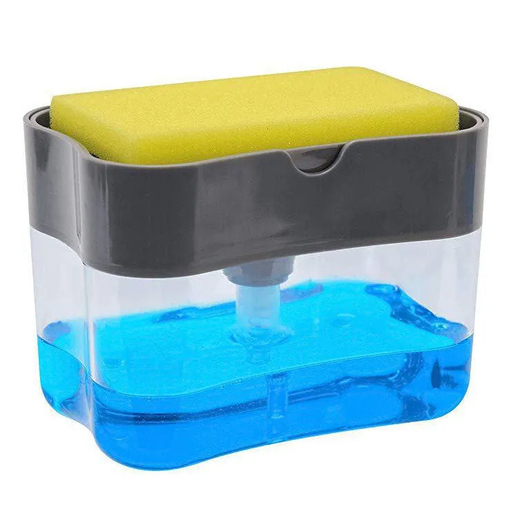 Rectangular grey plastic kitchen soap dispenser with a touch-free pump on a worktop.
