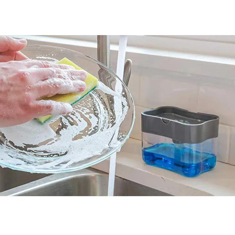Rectangular grey plastic kitchen soap dispenser with a touch-free pump on a worktop.
