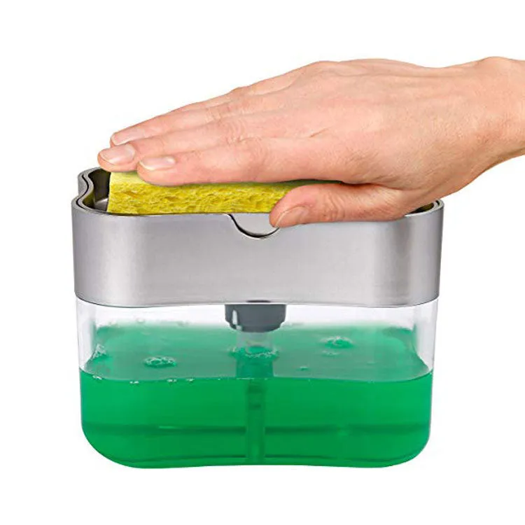 Rectangular grey plastic kitchen soap dispenser with a touch-free pump on a worktop.