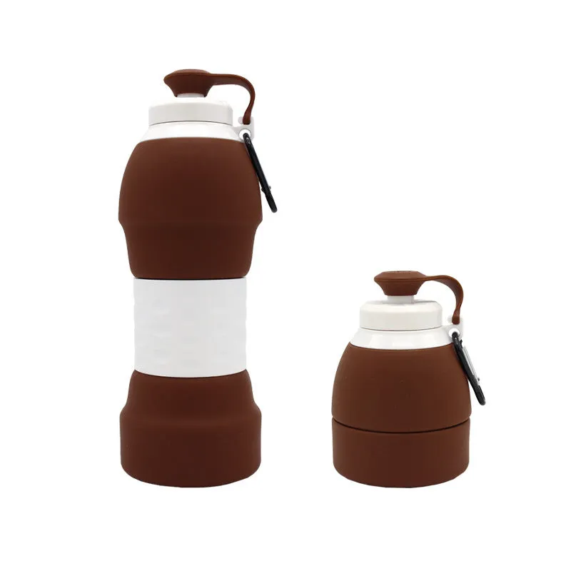 Blue silicone folding water bottle shown expanded and collapsed with measurement scale