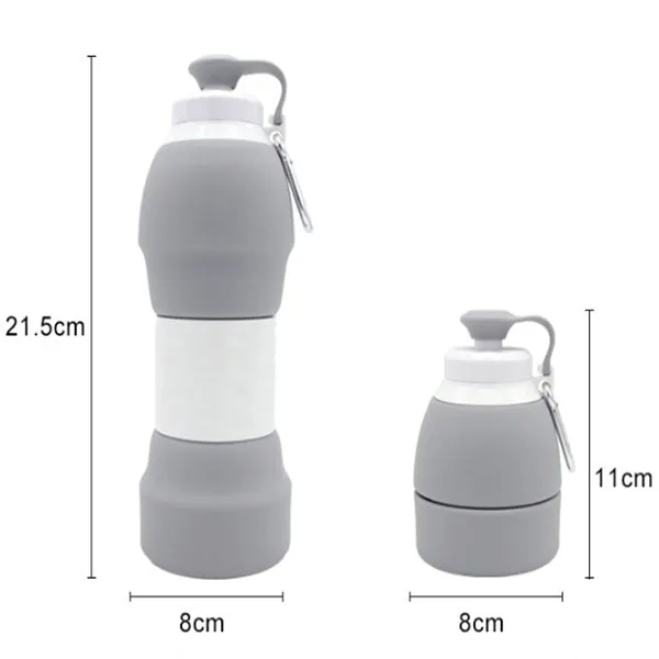 Blue silicone folding water bottle shown expanded and collapsed with measurement scale