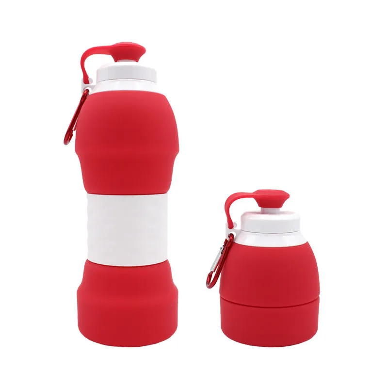 Blue silicone folding water bottle shown expanded and collapsed with measurement scale