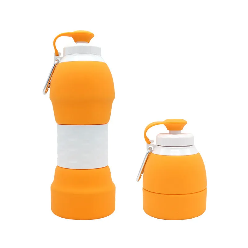 Blue silicone folding water bottle shown expanded and collapsed with measurement scale