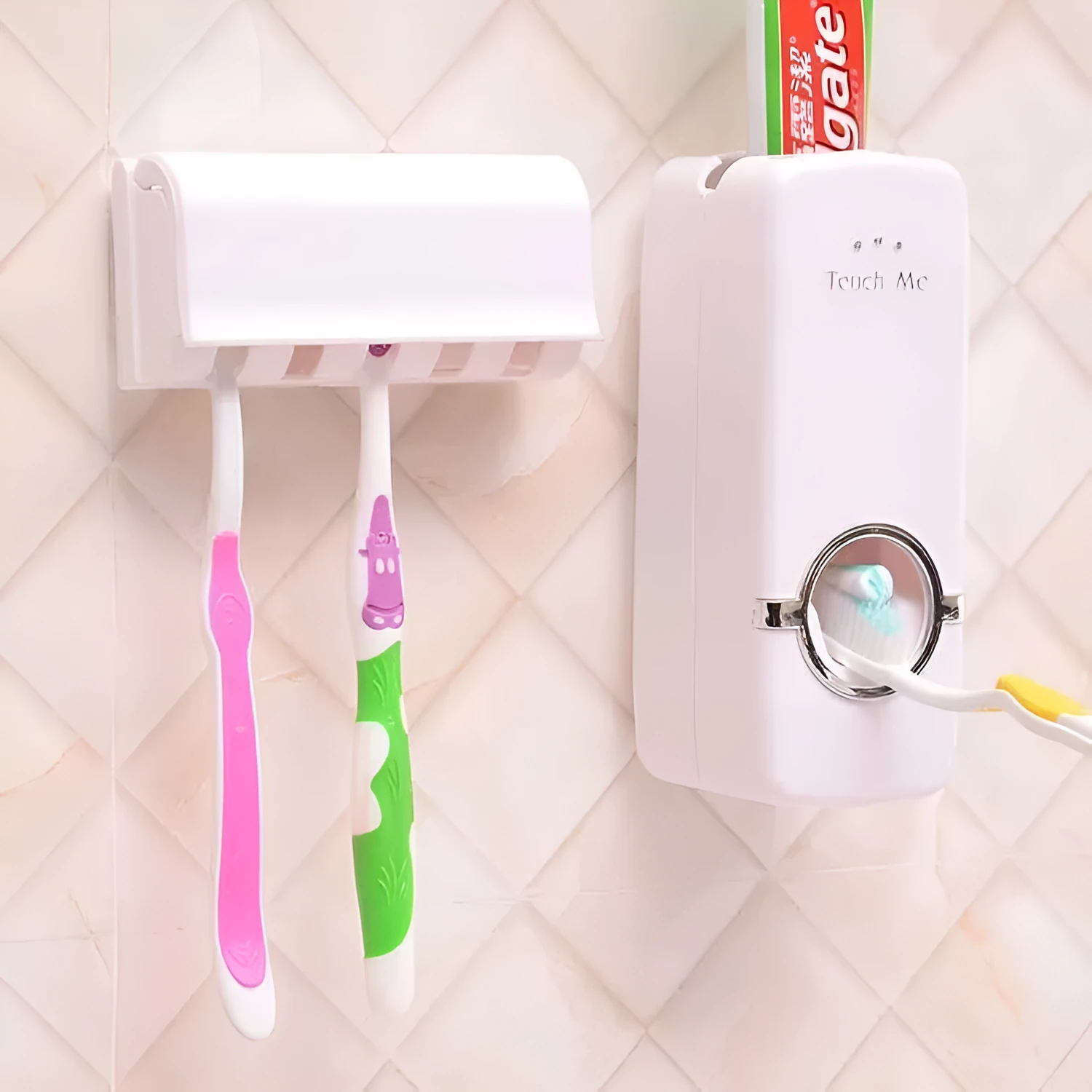 White adhesive bathroom accessories set with toothbrush holder mounted on tile wall