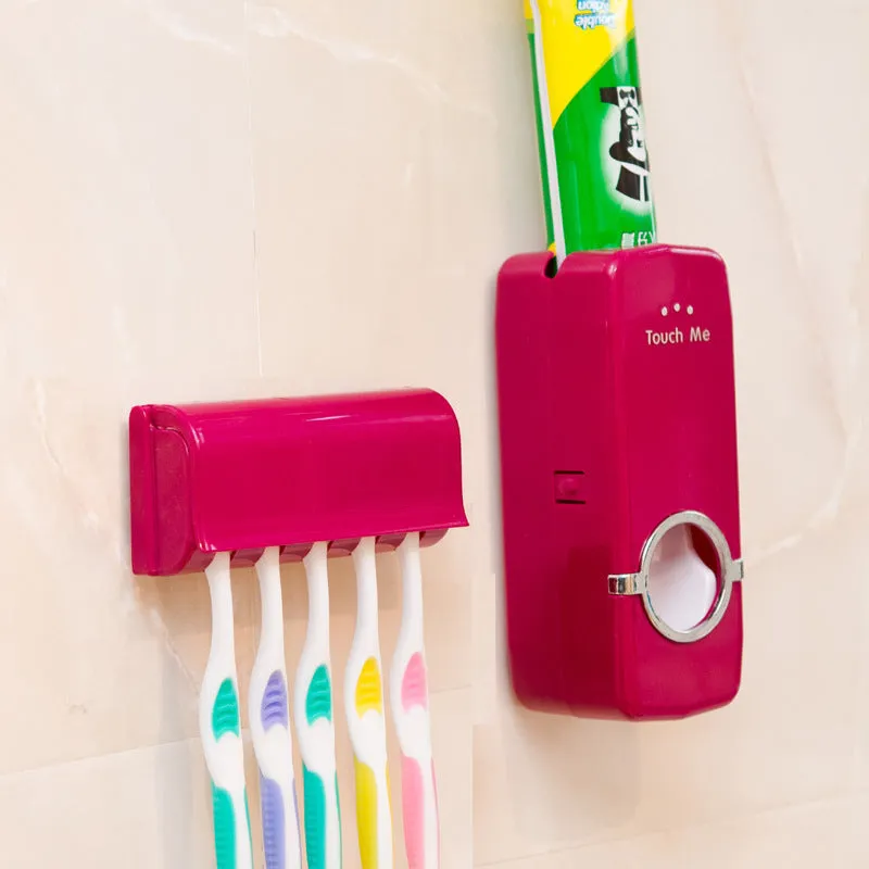 White adhesive bathroom accessories set with toothbrush holder mounted on tile wall