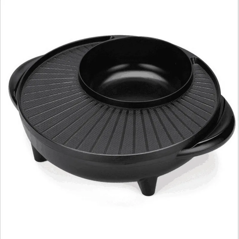 Black electric hot pot grill with teppanyaki plate and control panel, 5-6 litre capacity
