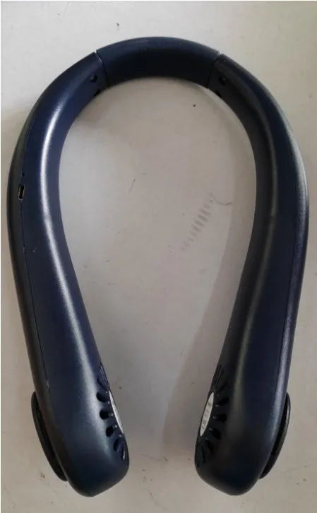 White portable neck fan hanging around neck with bladeless design and decentralised air outlet
