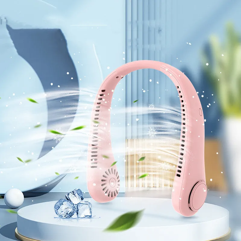 White portable neck fan hanging around neck with bladeless design and decentralised air outlet