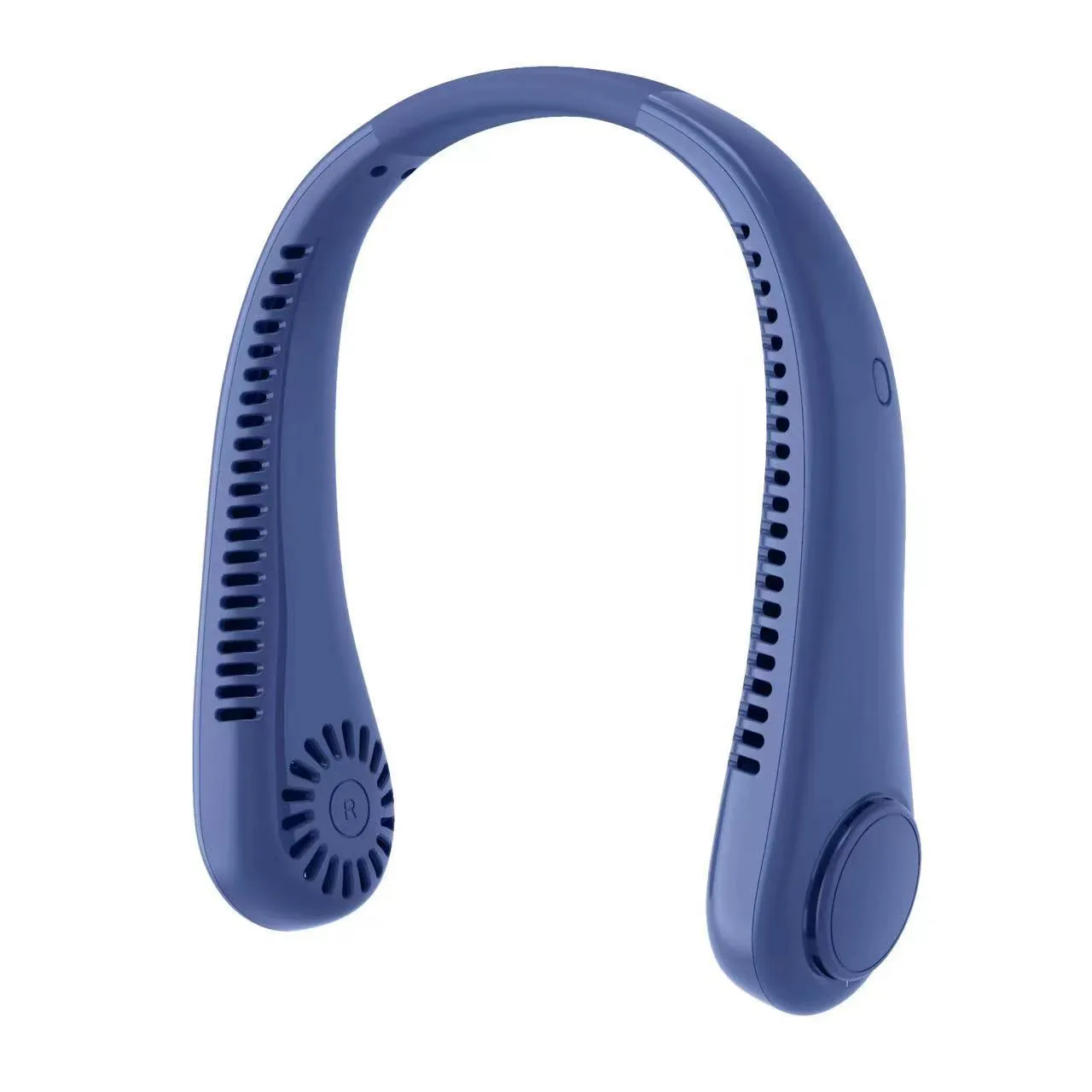 White portable neck fan hanging around neck with bladeless design and decentralised air outlet