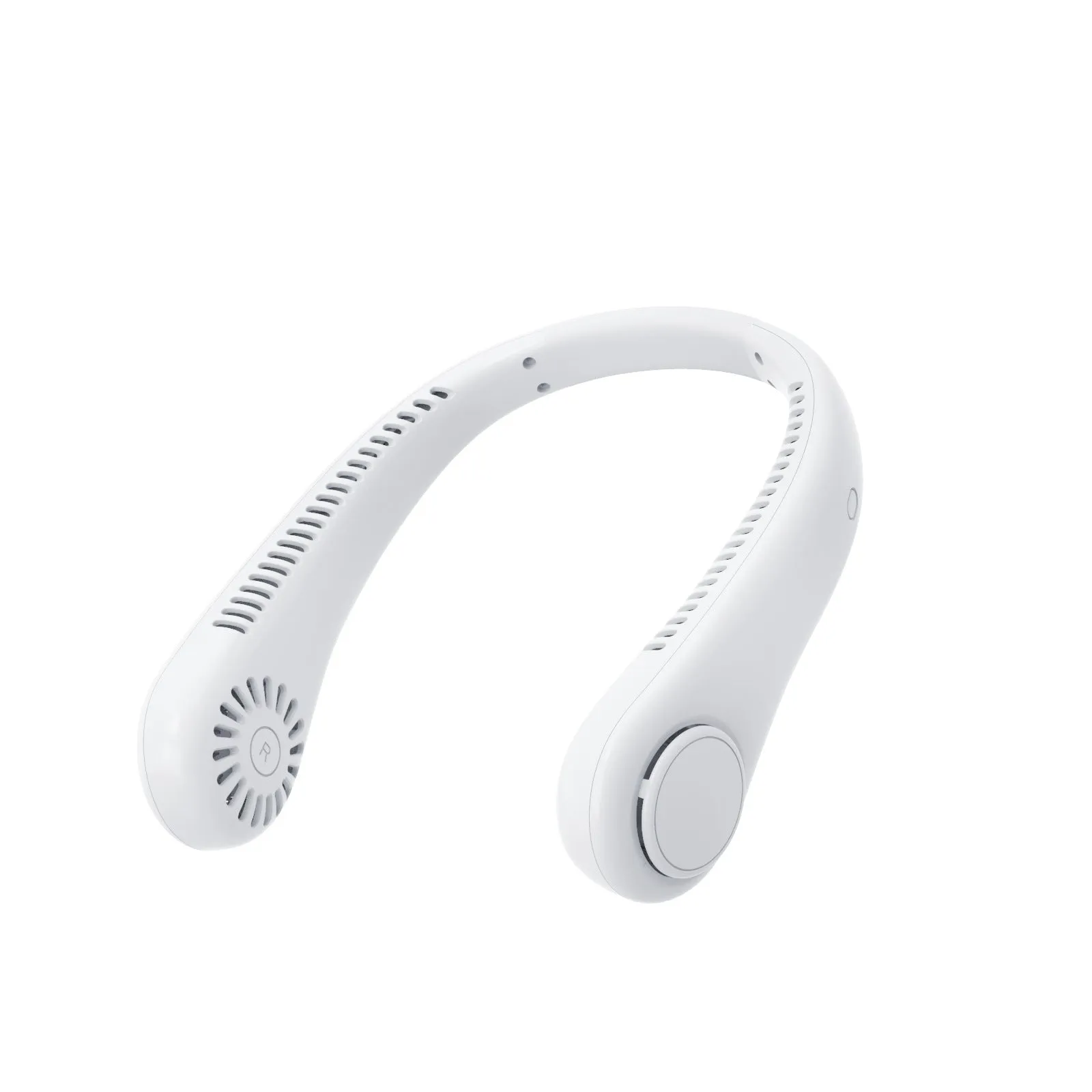 White portable neck fan hanging around neck with bladeless design and decentralised air outlet
