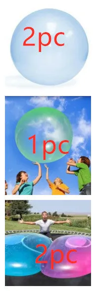 TPR inflatable ball toy in pink, yellow, green, and blue colours showing 40cm to 120cm size range