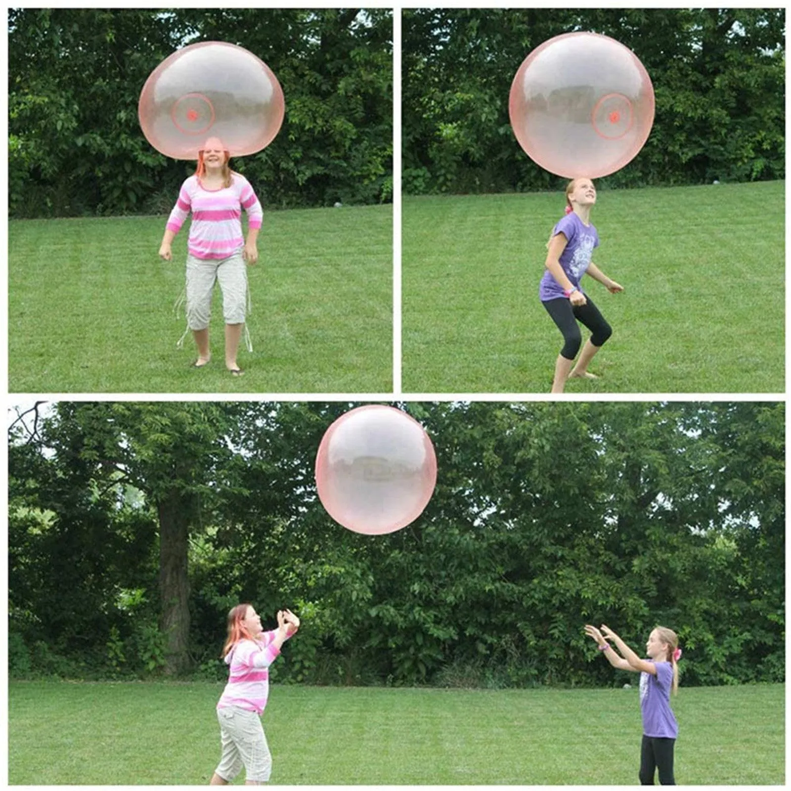 TPR inflatable ball toy in pink, yellow, green, and blue colours showing 40cm to 120cm size range