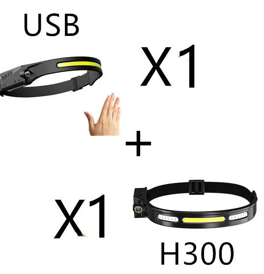 Black USB rechargeable headlamp with a wide COB LED lens and a side wave sensor on the headband.