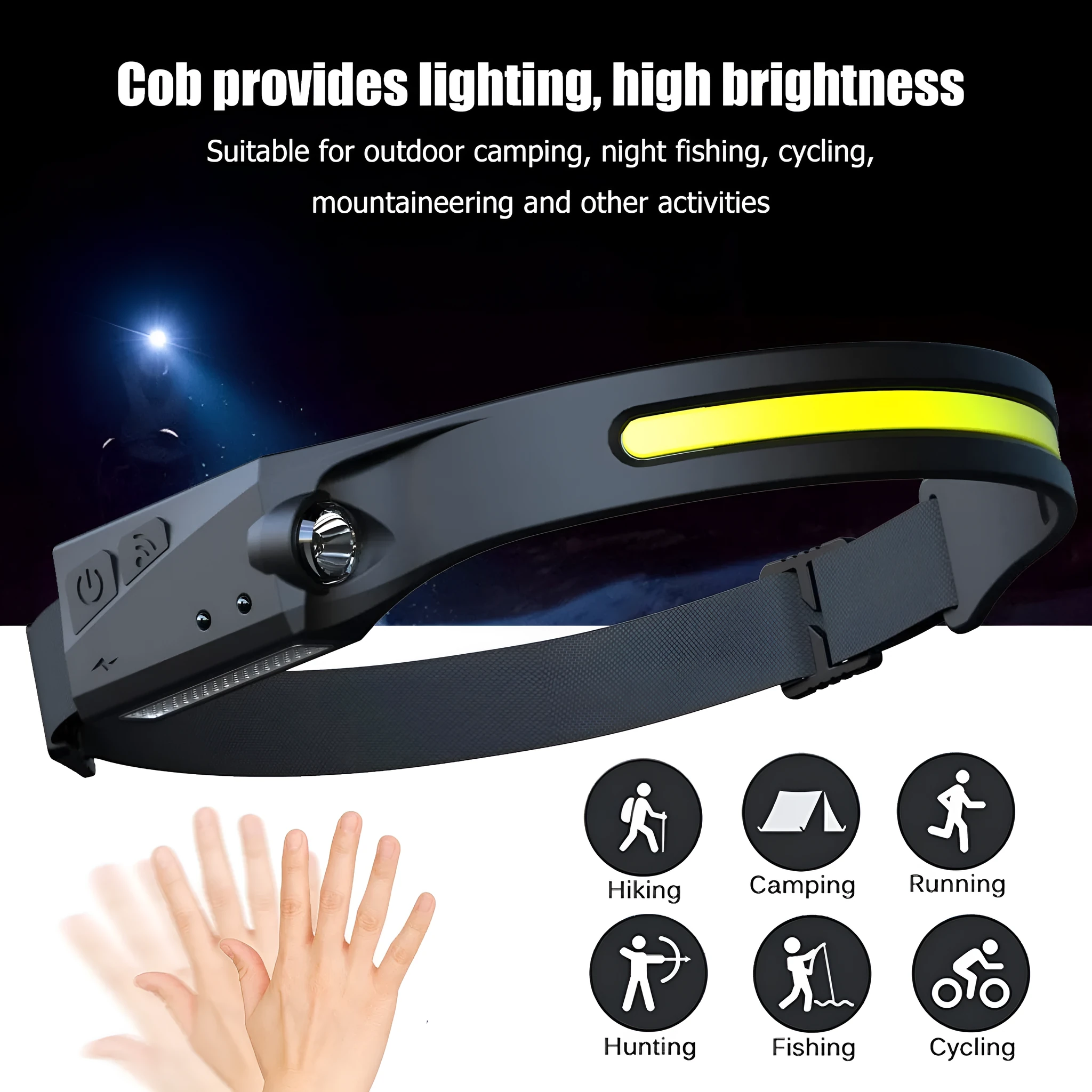 Black USB rechargeable headlamp with a wide COB LED lens and a side wave sensor on the headband.