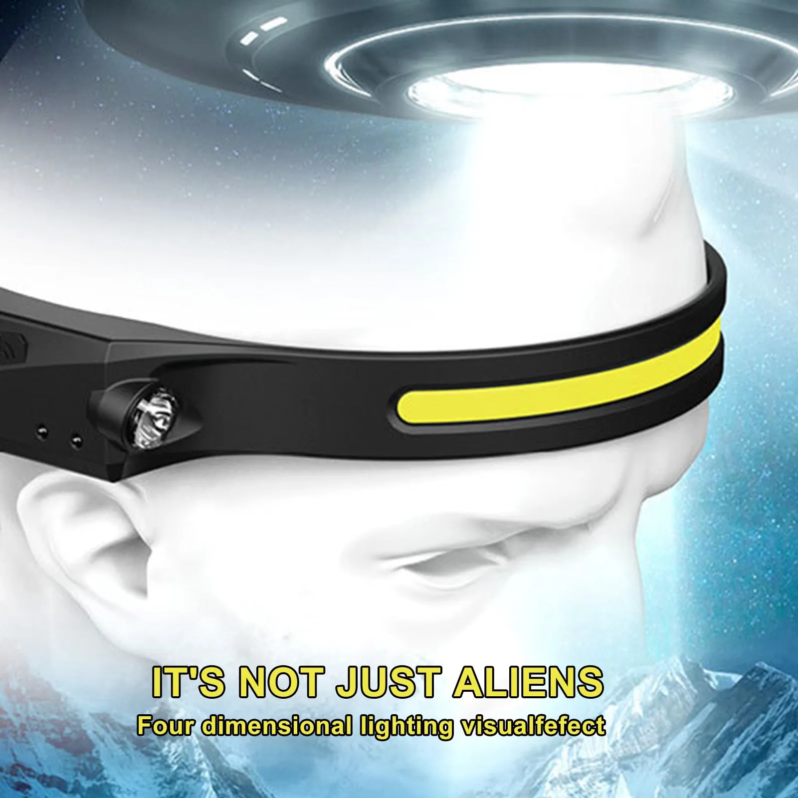 Black USB rechargeable headlamp with a wide COB LED lens and a side wave sensor on the headband.