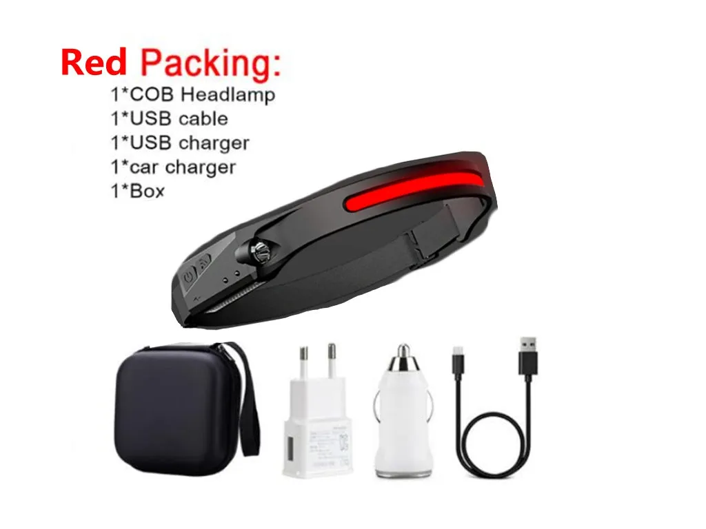 Black USB rechargeable headlamp with a wide COB LED lens and a side wave sensor on the headband.
