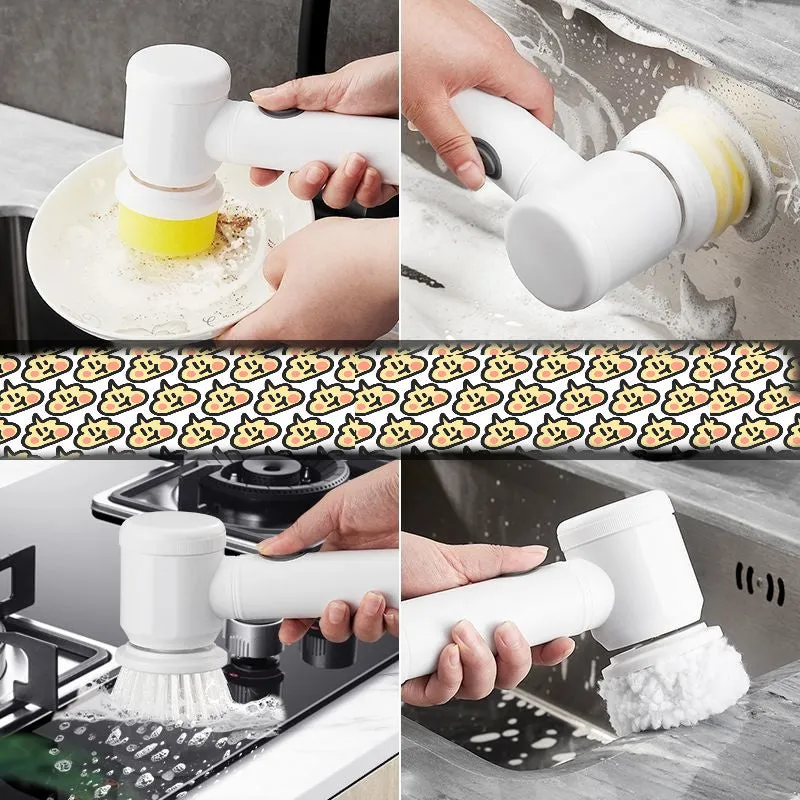 Rechargeable electric cleaning brush with multiple interchangeable scrub heads for kitchen use