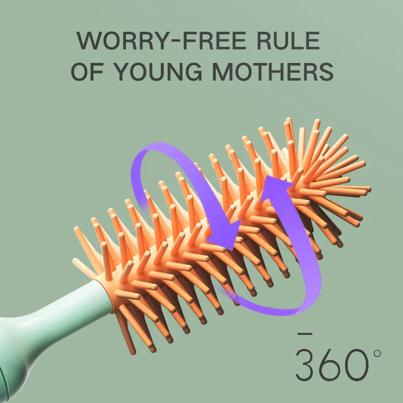 Pink and green electric rotating silicone bottle brush set for cleaning baby bottles and cups.
