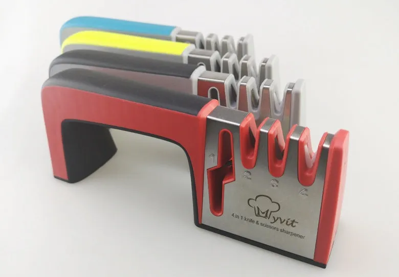 4-in-1 kitchen knife sharpener with TPR handle showing diamond, ceramic and tungsten steel grinding elements