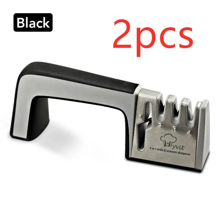 4-in-1 kitchen knife sharpener with TPR handle showing diamond, ceramic and tungsten steel grinding elements