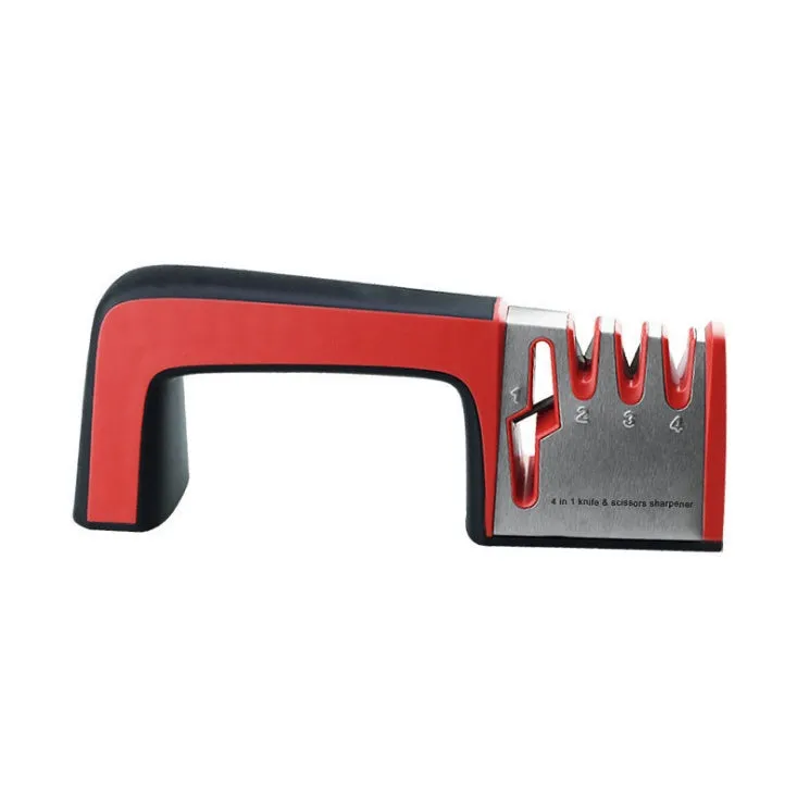 4-in-1 kitchen knife sharpener with TPR handle showing diamond, ceramic and tungsten steel grinding elements