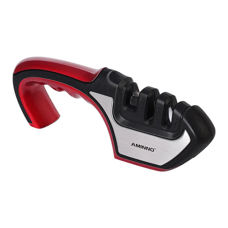 4-in-1 kitchen knife sharpener with TPR handle showing diamond, ceramic and tungsten steel grinding elements