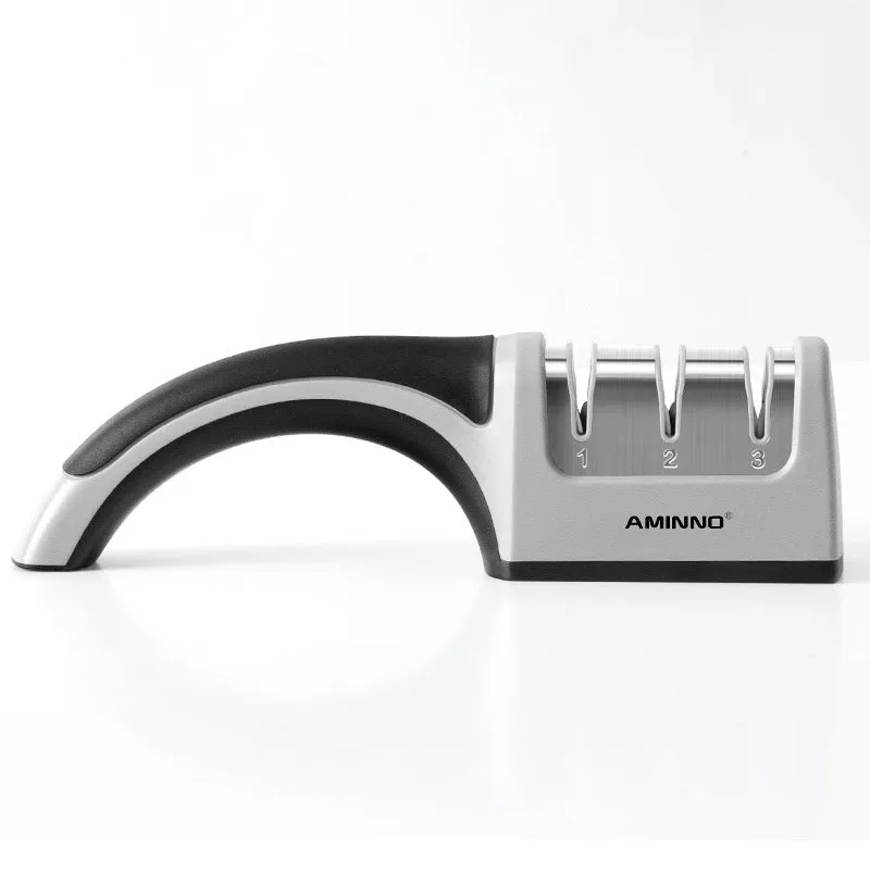 4-in-1 kitchen knife sharpener with TPR handle showing diamond, ceramic and tungsten steel grinding elements