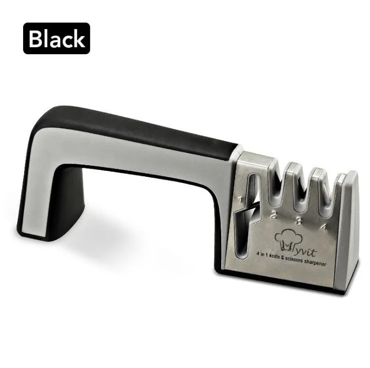 4-in-1 kitchen knife sharpener with TPR handle showing diamond, ceramic and tungsten steel grinding elements