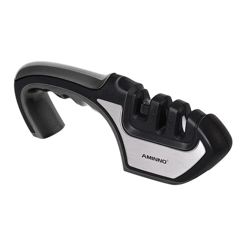 4-in-1 kitchen knife sharpener with TPR handle showing diamond, ceramic and tungsten steel grinding elements