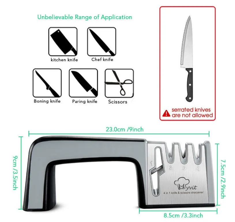 4-in-1 kitchen knife sharpener with TPR handle showing diamond, ceramic and tungsten steel grinding elements
